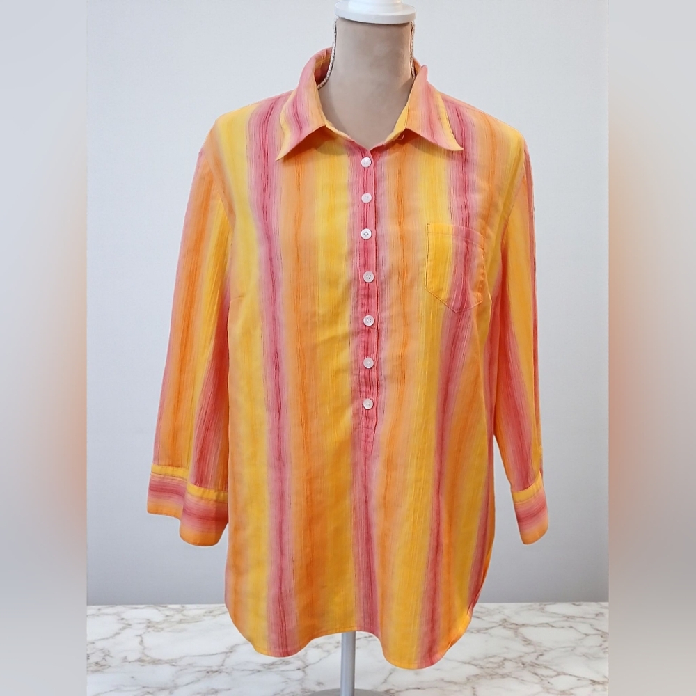 Vtg Talbots Henley Yellow Pink Blouse XL Bright Atsy Bold Womans Flaw